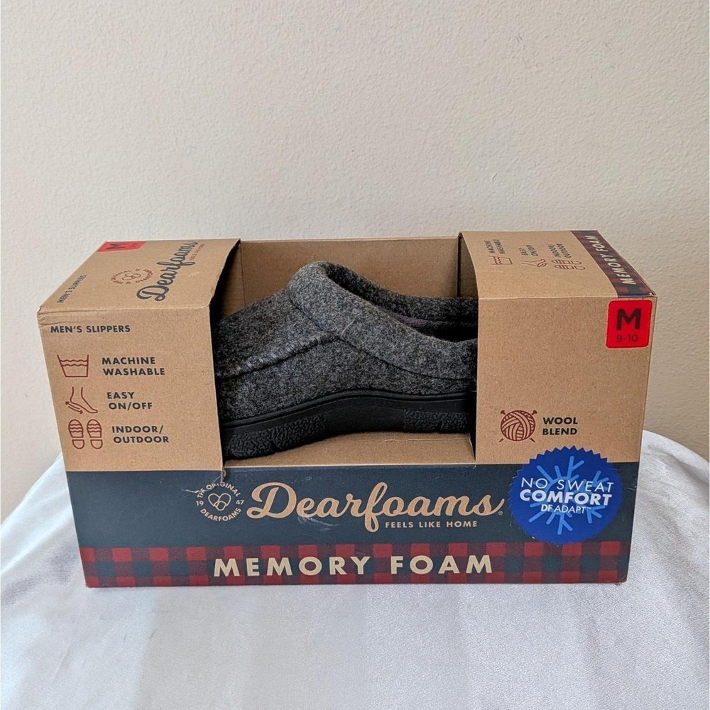 New Dearfoams Men's Memory Foam Wool Blend Slippers Heather Gray Medium 9-10